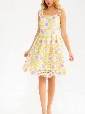 NWOT Boutique Embroidered Floral Lace Dress w/ Tulle Underskirt Cottagecore Sz S